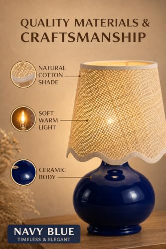 Benton Ceramic Table Lamp with Fabric Shade – 13" Bedside Accent Lamp for Bedroom, Living Room & Nightstand (Navy) - color: Navy