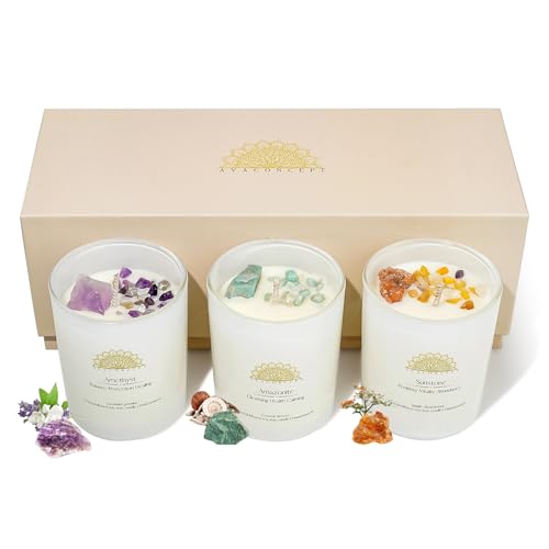 AvaConcept Healing Crystal Candle Gift Set – Set of 3 Amethyst, Amazonite & Sunstone Hand-Poured Soy Wax Lavender Jasmine, Coastal Breeze & Jungle Attachment Aromatherapy 3.5oz Each | Premium Gift Box - size: 3.5oz, style: Lavender Jasmine, Coastal Breeze