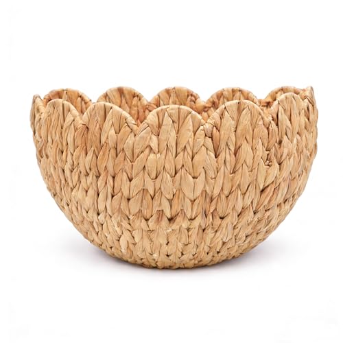 Hanging Wall Basket, Handwoven Water Hyacinth Scalloped Basket, Decorative Wall Organizer and Planter for Entryway Mail Plants Bathroom, Natural Color, 16" D x 10" W x 7" H