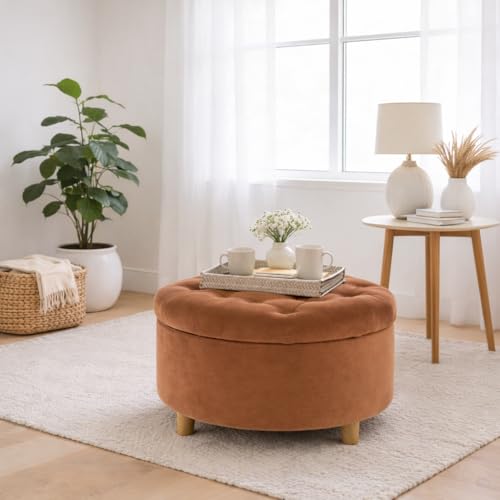 HomePop 28" Button Tufted Velvet Round Storage Ottoman - Spice Orange Velvet - color: Spice Orange