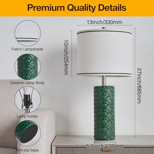 27" Farmhouse Bedside Table Lamp Set of 2, Green Modern Ceramic Lamps for Living Room, 3 Color Temperature Rustic Table Lamps for Bedroom, Night Stands, Dorm,Office, Home Décor (Bulb Included) - color: Green, size: 27"