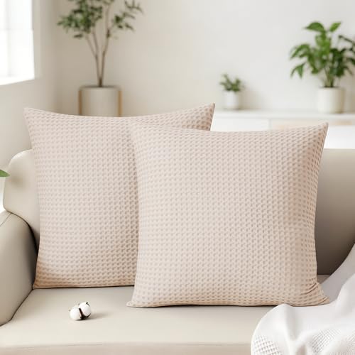 Shunjie.Home 100% Cotton Waffle Weave Throw Pillow Covers Set of 2, 600TC Solid Reverse Side, Hidden Zipper Closure, Skin-Friendly & Durable Decorative Euro Shams for Couch Sofa Bed, Khaki, 20"x20" - color: Khaki, size: 20" x 20" (Pack of 2)