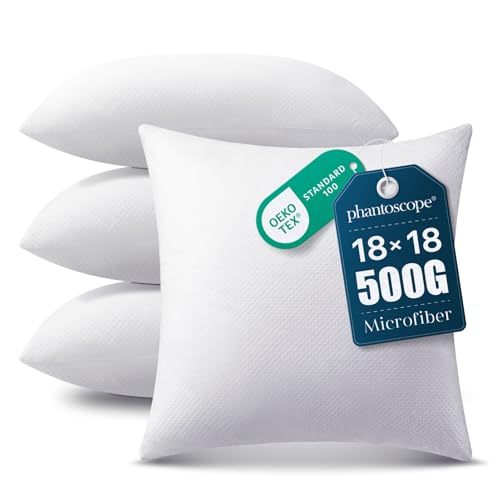 Phantoscope Pillow Inserts, Hypoallergenic 100% Virgin Fiber Square Form Microfiber Throw Pillow Inserts, Couch Bed Pillows 45x45 cm, 18x18 Inch (Pack of 4) - size: 18x18 Inch