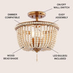 JONATHAN Y 14" Antique Gold/Light Taupe Wood Beaded LED Semi Flush Mount Light, Boho Farmhouse 3-Light Ceiling Chandelier with Cream Wood Bead Shade for Nursery, Bedroom (JYL9020C) - color: Antique Gold/Light Taupe