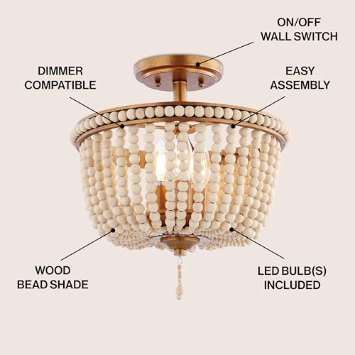JONATHAN Y 14" Antique Gold/Light Taupe Wood Beaded LED Semi Flush Mount Light, Boho Farmhouse 3-Light Ceiling Chandelier with Cream Wood Bead Shade for Nursery, Bedroom (JYL9020C) - color: Antique Gold/Light Taupe