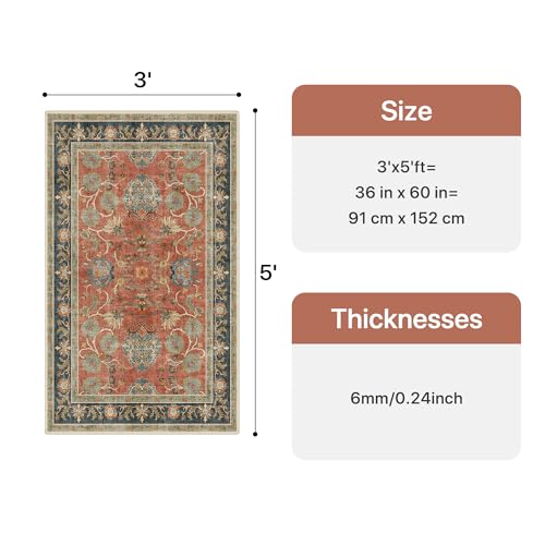 Bavni 3x5 Washable Entryway Rug, Vintage Distressed Accent Door Mat Non Slip, Low Pile Soft Coral Red Blue Carpet Stain Resistant, Small Thin Floral Area Rugs for Bathroom, Laundry, Kitchen, Nursery - color: Coral Blue, size: 3' x 5' (Rectangular)