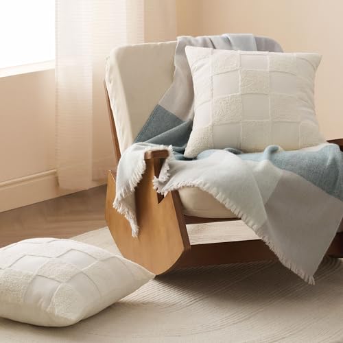 Double Stitch Checkered Throw Pillow Covers - 100% Cotton Set of 2 Tufted Boho Decorative Pillow Covers 20x20, Made in India, Square Cushion Case, Modern Home Decor for Couch, Sofa, Living Room, Cream - color: Cream, size: 20" x 20" (Pack of 2)