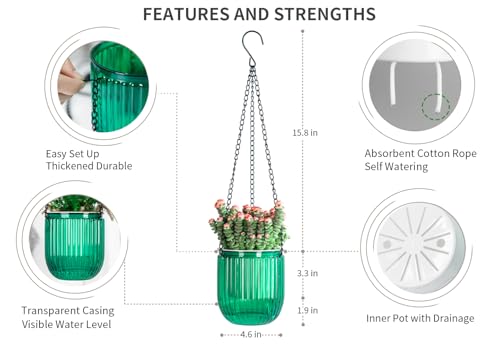 Josteve 4.5 Inch 2 Pcs Self Watering Hanging Planter Indoor Plant Pots Drainage Holes, Outdoor Small Hanging Planters Flower Pot Basket, Visible Water Level, Plant Hanger Home Decor, Gardening - color: Emerald, size: 2*4.5 inch