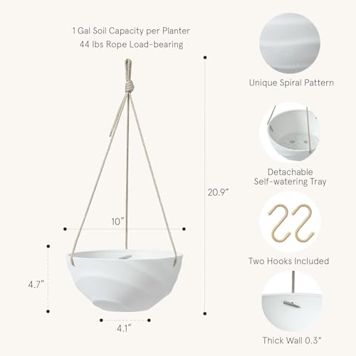 La Jolie Maison 10 Inch Hanging Planters for Indoor Plants, Outdoor Garden Planter Pots with Self-Watering Tray, Eggshell White, Set of 2 - color: Eggshell White