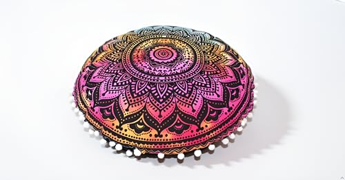 CRAFT KALA Large Round Bohemian Floor Pillow Pouf Cover Mandala Meditation Room Pillow Cover for Adults Boho Seating Poufs Cushion Cover for Kids Playroom 32" Round Multi Ombre - color: Black Multi, size: 32" x 32" (Pack of 1)