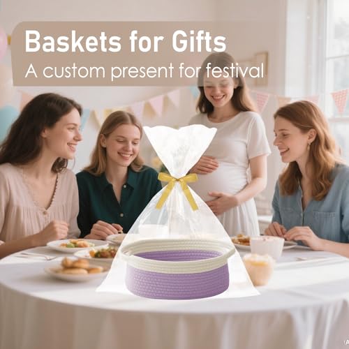 JMvicyroam Woven Basket,Small Rope Storage Bin with Handles & Ribbon Bag, Organizer for Shelves Closets,Gift Basket Empty for Birthday,Books,Dog Toys, White&Purple/3 Pack - color: White&Purple, size: 3 Pack