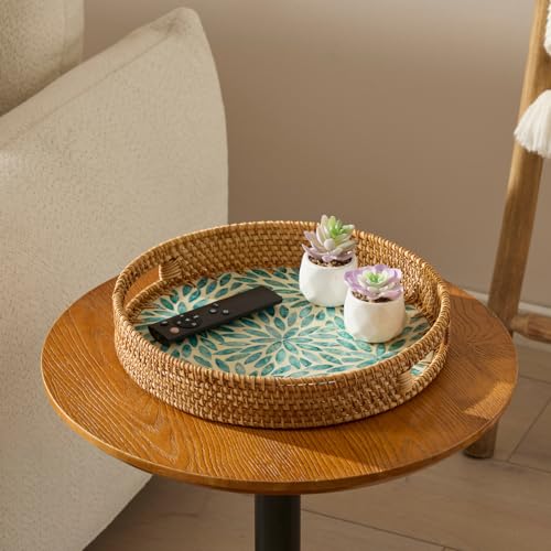 YANGQIHOME Round Rattan Tray with Handle, Mother of Pearl Inlay Decorative Wicker Basket for Coffee, Bread, Fruits, Serving Tray for Home Decor, Blue Flower - color: Blue Flower, size: 13.8"