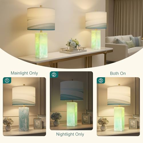 Scenekoy 23" Alabaster Table Lamp Set of 2 with Night Light for Bedroom Living Room, Rotary Switch, Blue Table Lamp with Linen Shade, Modern Nightstand Lamps for Room Bedside Bedroom (Bulb Included) - color: Blue