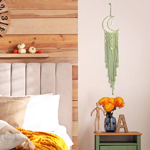 ANROYE Boho Macrame Woven Wall Hanging, Crochet Crescent Moon Star Dream Catcher with Long Tassel- Green Cotton Handmade Bohemian Home Decor Nursery Decoration Art for Kids Bedroom Dorm Room - color: Sage Green, size: With Light
