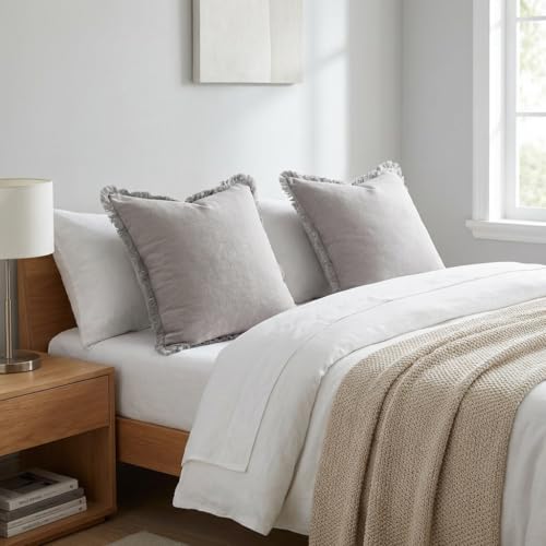 Sunday Praise Set of 2 Linen Fringe Decorative Pillow Covers 20x20 Inch Farmhouse Accent Boho Throw Pillow Cases with Tassels Cozy Soft Square Cushion Covers for Couch Sofa Bed Home Decor,Grey - color: Light Grey, size: 20" x 20" (Pack of 2)