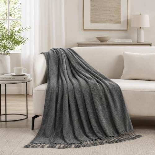 BATTILO HOME Dark Gray Chenille Throw Blanket for Couch, Soft Cozy Textured Knit Throw Blanket with Handmade Fringe Tassels, Lightweight Decorative Farmhouse Blanket for Sofa Bed Chair, 50"x60" - color: Dark Grey