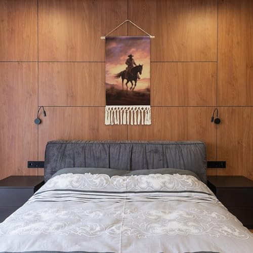 MUSM Boho Wall Hanging with Tassels - 10x19.6 Inch Cotton Linen Tapestry Art Print, Wood Frame & Hanging Rope, Cowboy West Poster for Living Room, Bedroom, Hallway Decor