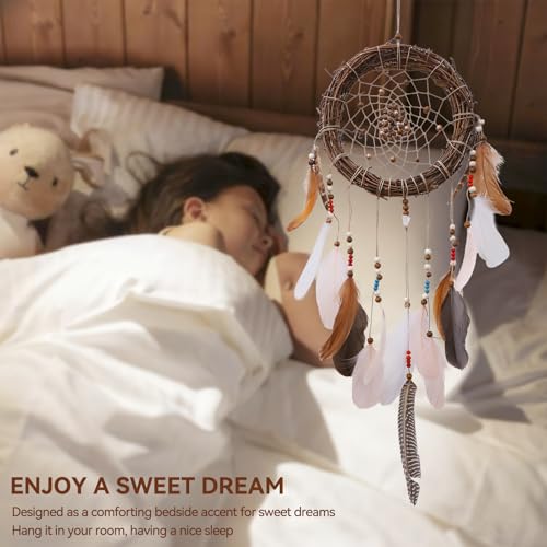 Rattan Dream Catchers with Peacock Feather, Boho Wall Decor Rustic Wooden Native American Wall Art for Bedroom Living Room (Pink Brown Mix) - color: Pink Brown Mix