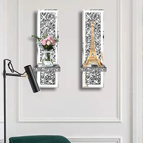ZOLAPI Set of 2 Crystal Crush Diamond Candle Sconces, Gorgeous Silver Mirrored Wall Sconce, Candle Holder Glass Wall Decorations for Home Décor, Living Room, Dining Room. - color: Silver Mirror ①