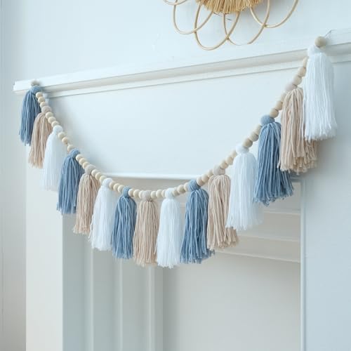 DCJHFJ Boho Blue Tassel Garland Wall Hanging with Wood Beads for Baby Shower Kids Room Bedroom Nursey Back to School Decorations - color: Blue