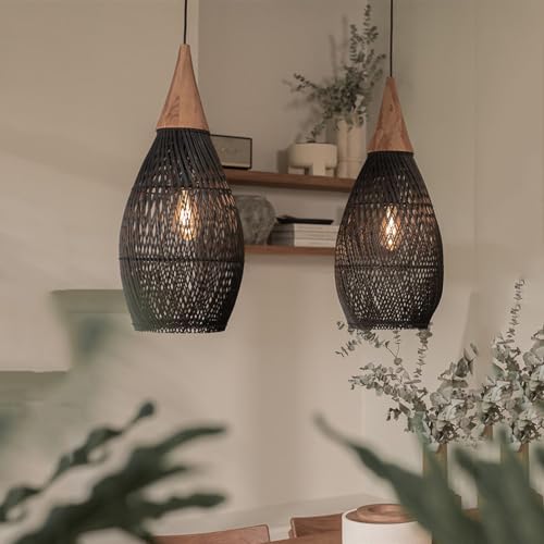 Rattan Pendant Light Wood Black Wicker Ceiling Hanging Lamp Bamboo Chandelier Farmhouse Vintage Rustic Cage Dome Pendant Lighting for Dining Room Table Kitchen Island Living Room Bedroom