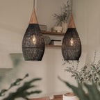 Rattan Pendant Light Wood Black Wicker Ceiling Hanging Lamp Bamboo Chandelier Farmhouse Vintage Rustic Cage Dome Pendant Lighting for Dining Room Table Kitchen Island Living Room Bedroom