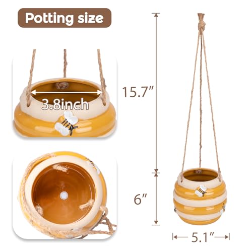Hanging Ceramic Planter 5 Inch Cute Bee Plant Pots Indoor Outdoor Yellow Planter Flower Pot Succulent Plant Pot Ceramic Mid-Century - color: Yellow