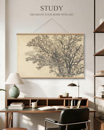 VIYYIEA Extra Large Canvas Wall Art 36x54 Inch Vintage Tree Sketch Landscape Hanging Scroll, Rustic Nature Wall Decor Oversized Artwork for Living Room Bedroom Above Sofa - color: Still Branches