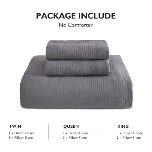 EMME Muslin Cotton Duvet Cover Set Queen Size Linen Like Soft Breathable Lightweight Summer Comforter Cover Set with Zipper Closure (Dark Grey, Queen, 90"x90") - color: 05 - Dark Grey, size: Queen(90"×90")