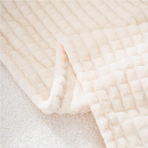 Puncuntex Flannel Fleece Throw Blanket Cream White 50"×60",Super Soft Plush Cozy Blanket with 3D Jacquard Square Grid Design Luxury for Couch Sofa Chair - color: Cream White, size: 50"×60"