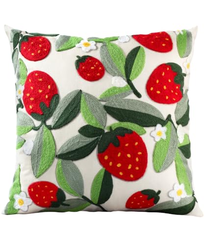 Embroidered Throw Pillow Cover - 20x20 Decorative Pillow Cover with Zipper Aesthetic Cute Design Boho Spring Summer Throw Pillowcase for Living Room Couch Sofa Bed, Leaf Strawberry - color: Leaf Strawberry, size: 20" x 20" (Pack of 1)