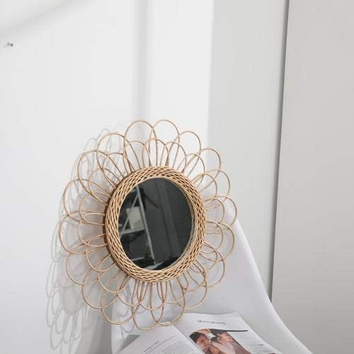 Hanging Mirror - Rattan Sunflower Circular Wall Mirror, Decor Bathroom Boho Nordic Wicker Dressing Makeup Mirrors for Inodoor Home Office Living Room Hallway (15.75inch)