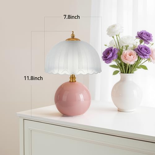 PARTPHONER Mushroom Table Lamp, Ceramic Bedside Lamp with Glass Shade, 3-Way Lighting (2700K-5000K) Rocker Switch, Small Nightstand Lamp for Bedroom, Living Room, Office, Pink - color: Pink