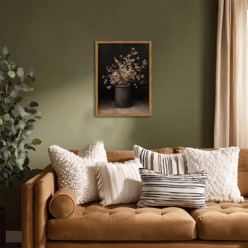 Framed Vintage Floral Wall Art, Rustic Dark Moody Flower Paintings Wall Decor, Retro Farmhouse Botanical Pictures Canvas Prints Neutral Aesthetic Home Decor for Living Room Bedroom 12x16 inch - color: Dark-2, size: 16"L x 12"W