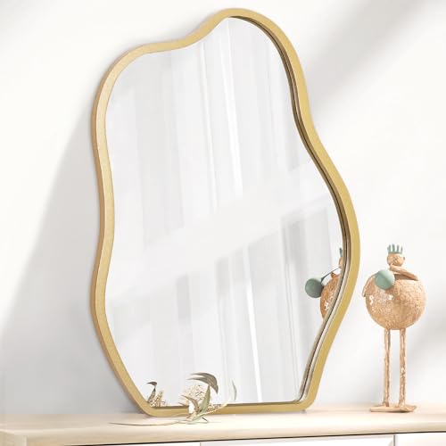 Gold Irregular Mirror for Wall Decor - Modern Asymmetrical Wooden Framed Wavy Mirror - Decorative for Living Room, Bedroom, Bathroom, Entryway - Gray - color: Gold, size: 26"L x 18"W