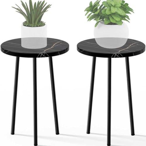 Plant Stand Indoor 2 Pack: Tall Plant Stand 20 Inch Convertible Multi-purpose Flowers Holder - Small Round Side End Table Mid Century Modern Decor - Plant Table for Home Decor - color: Black Marble, size: 20"&20"