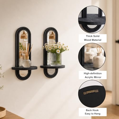 Artilady Floating Shelves with Arched Mirror, Boho Wall Decor Black Wood Wall Mounted Shelf for Bathroom Bedroom Living Room Wall Art (Black Mirror 1) - color: Black Mirror 1