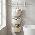 White 3-Tier Woven Cotton Rope Hanging Basket, Over the Door Organizer, Adjustable Detachable Wall Basket with Metal & Adhesive Hooks, No Drilling for Kitchen, Pantry & Fruit Produce Storage - style: White
