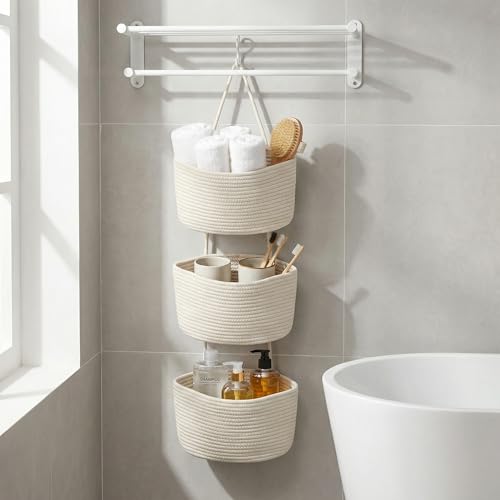 White 3-Tier Woven Cotton Rope Hanging Basket, Over the Door Organizer, Adjustable Detachable Wall Basket with Metal & Adhesive Hooks, No Drilling for Kitchen, Pantry & Fruit Produce Storage - style: White