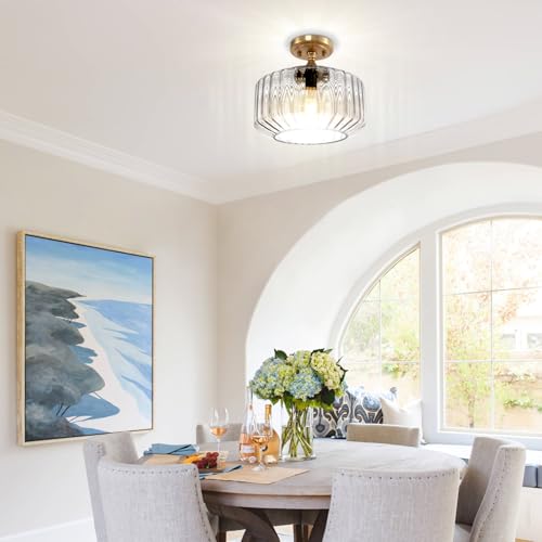 Clear Glass Semi Flush Mount Ceiling Light Fixture, Mid Century Modern Ceiling Lamp, 11 Inch Vintage Farmhouse Close to Ceiling Lamp for Entryway Foyer Hallway Closet - color: Clear