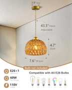 Rattan Pendant Light Fixtures, 7.6” Boho Woven Basket Pendant Light, Handmade Wicker Hanging Lamp, Rustic Wicker Chandelier for Kitchen Island, Dining Room, Living Room, Bedroom, E26 Base - color: 7.67″-Round