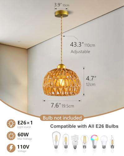 Rattan Pendant Light Fixtures, 7.6” Boho Woven Basket Pendant Light, Handmade Wicker Hanging Lamp, Rustic Wicker Chandelier for Kitchen Island, Dining Room, Living Room, Bedroom, E26 Base - color: 7.67″-Round