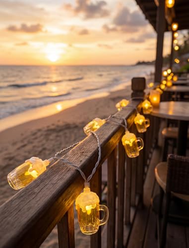 Beer String Lights Outdoor, 12.5FT Summer Decorative Camping String Lights with 10 3D Beer Mug Lights, Plug in Connectable Novelty Fairy Lights for Tropical Themed Wedding Bistro Bar Party Decor - color: Beer Mug Lights