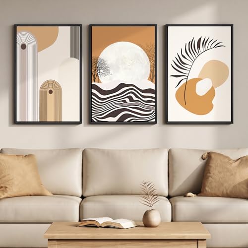 Framed Boho Mid Century Modern Wall Art for Living Room, 3 Piece Large Abstract Canvas Prints Paintings, Orange Earth Tones Moon Botanical Artwork Decor for Bedroom Hallway 16x24 Inch - color: Orange Black, size: 24" H x 16" W x 3Pcs