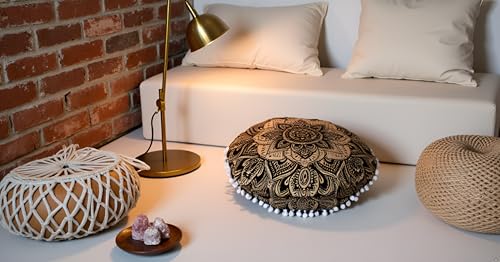 CRAFT KALA 32" in Round Mandala Floor Pillow Cushion Cover Seating Throw Cover Hippie Decorative Bohemian Ottoman Poufs Pillow Cover Cases Boho Cotton Living Yoga Home Décor Room (Black Gold Flower) - color: Black Gold Flower