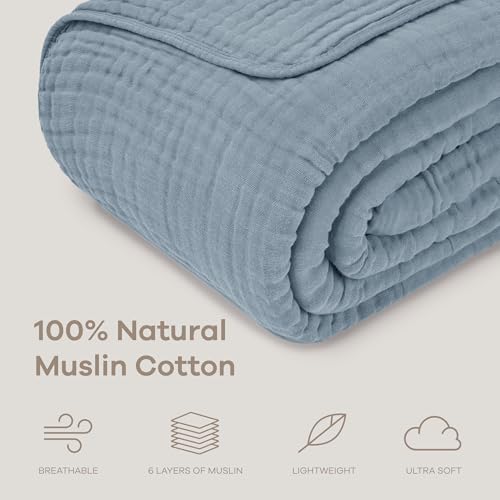 Comfy Cubs Muslin Throw Blanket - 50” x 60” Quilted Design - Lightweight, Breathable 6-Layer Gauze Fabric - Soft Cotton Blanket for Home or Travel - Packaged in Elegant Gift Box - Pacific Blue - color: Pacific Blue, size: Throw - 50" X 60"