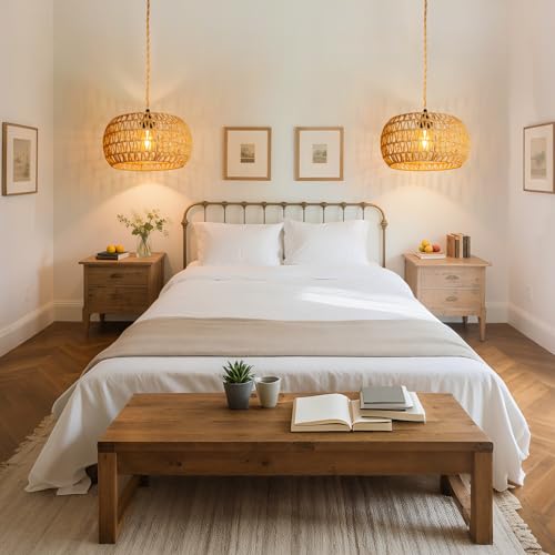 Hanging Light Ceiling Lamp Pendant Lights Rattan Hanging Lamp with Plug in Cord for Living Room Bedroom Kitchen Indoor Hanging Lamp Plug in Woven Lampshade - size: 12.6 Inch - Cylindrical Shade