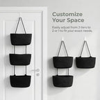 Black 3-Tier Woven Cotton Rope Hanging Basket, Over the Door Organizer, Adjustable Detachable Wall Basket with Metal & Adhesive Hooks, No Drilling for Laundry Room, Utility Room & Closet - style: Modern