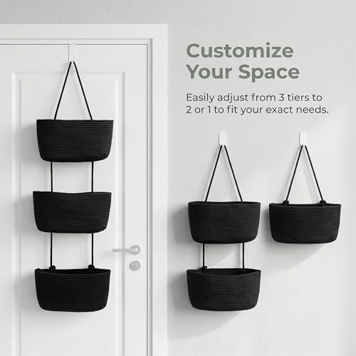 Black 3-Tier Woven Cotton Rope Hanging Basket, Over the Door Organizer, Adjustable Detachable Wall Basket with Metal & Adhesive Hooks, No Drilling for Laundry Room, Utility Room & Closet - style: Modern