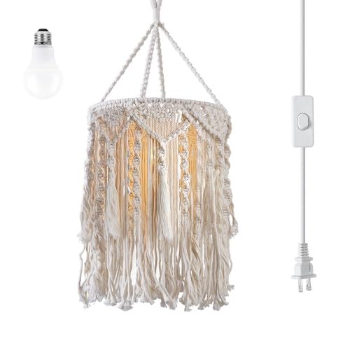 Boho Lamp Plug in Pendant Light, 15 FT Hanging Lights with Plug in Cord, Hanging Lamp with Handmade Macrame Lamp Shade, On/Off Switch, Hanging Light Fixture for Bohemian Decor Bedroom Living Room - color: Type2